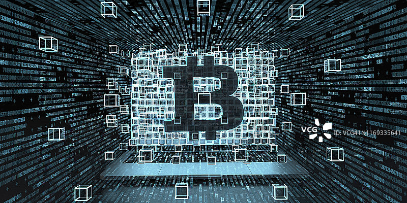 比特币货币和区块链技术3D图图片素材
