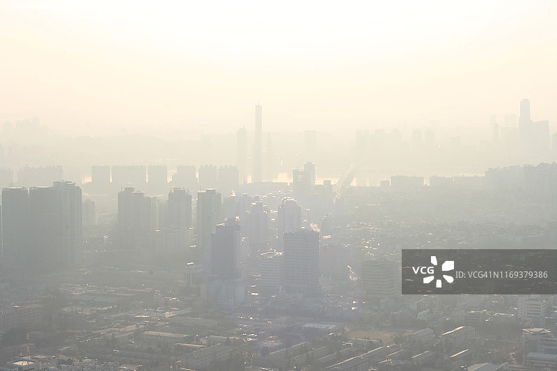 韩国首尔市中心天际线航拍图片素材