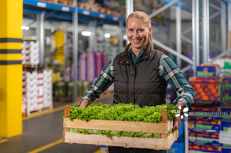 女人手捧一盒生菜图片素材