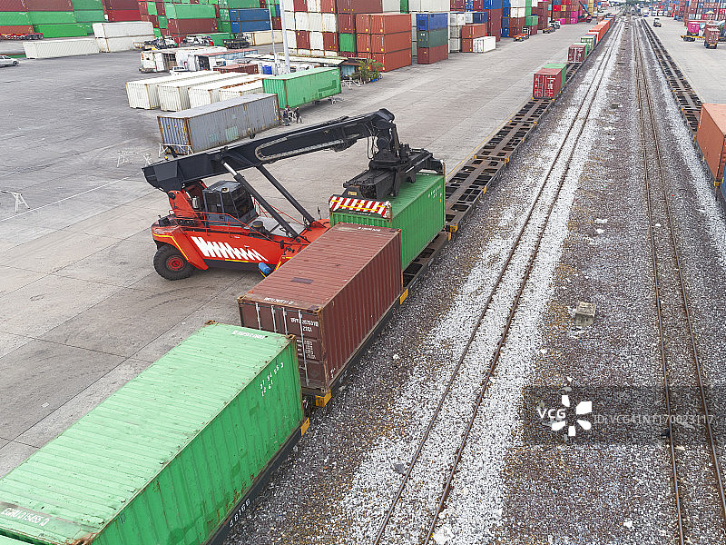 叉车将集装箱装载到货运列车上，用于物流、进出口或运输的航拍图图片素材