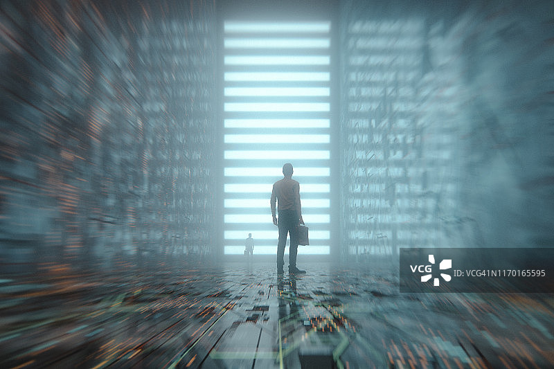 夜晚未来街道上站立的两名商人图片素材