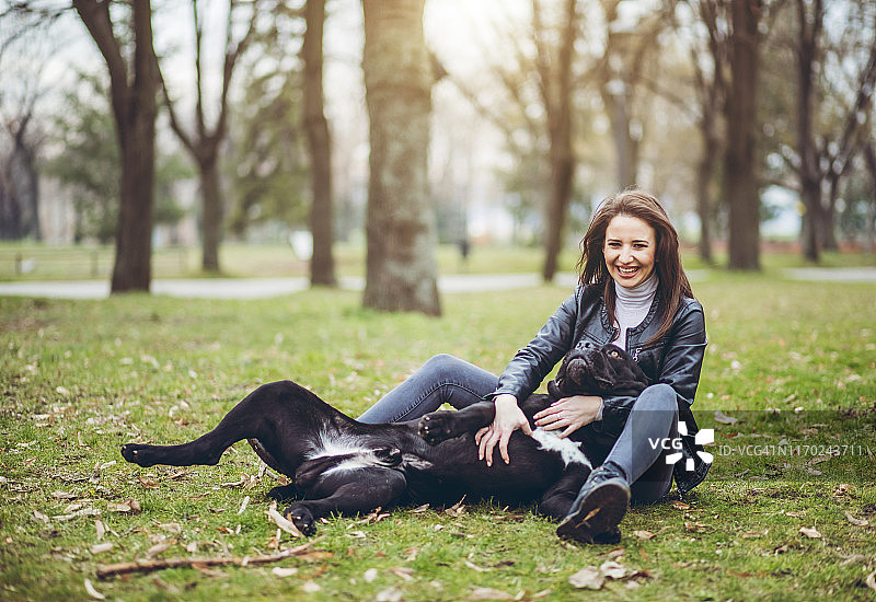 女人和那不勒斯獒犬玩耍图片素材