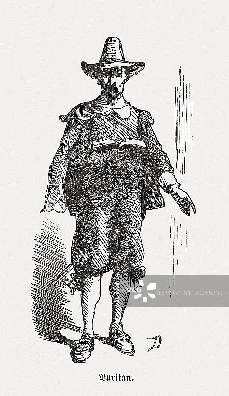 伊丽莎白一世时期的清教徒，1876年出版的木刻版画图片素材