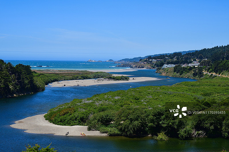 瓜拉拉河汇入太平洋的风景，远处是瓜拉拉镇图片素材