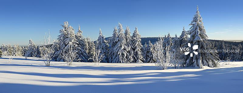 德国萨克森州菲希特尔贝格的冬季雪景全景图片素材