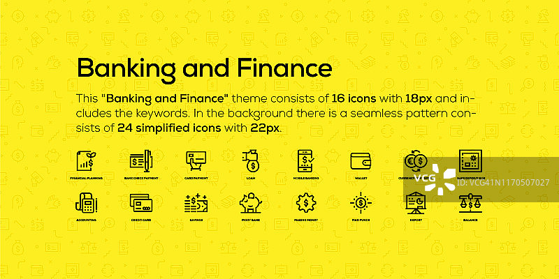 关于银行和金融主题的线性图标。背景是带有简化图标的无缝图案。图片素材