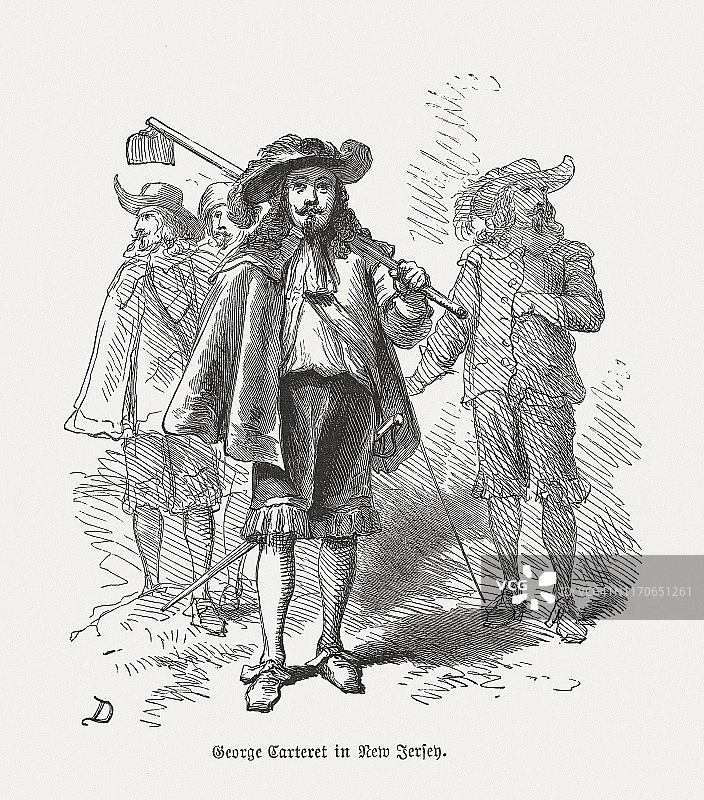 乔治·卡特雷特在新泽西（1665年），1876年发表的木刻版画图片素材