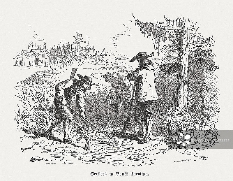 1670年南卡罗来纳州的定居者，木刻，出版于1876年图片素材