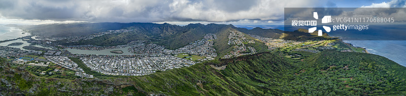 航拍夏威夷檀香山可可火山口和郊区图片素材