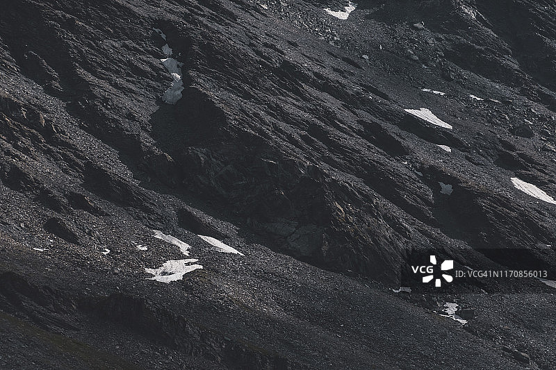 山脉、黑色石头和雪地特写图片素材