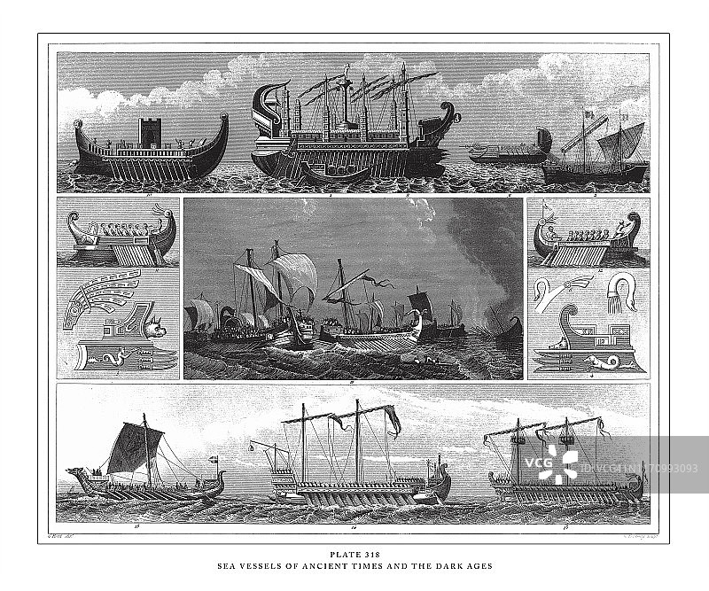古代和黑暗时代的海上船只雕刻插图，1851年图片素材