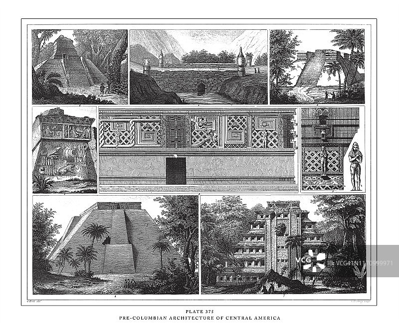 中美洲的前哥伦布时期建筑雕刻古董插图，出版于1851年图片素材