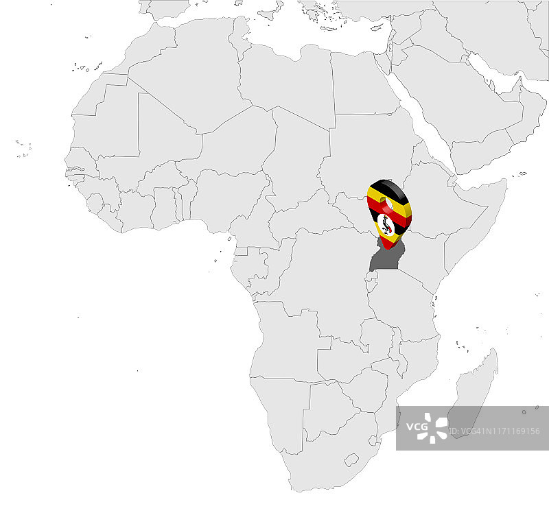 非洲地图上乌干达的位置地图。3D乌干达国旗地图标记位置图钉。高质量的乌干达地图。矢量插图EPS10。图片素材