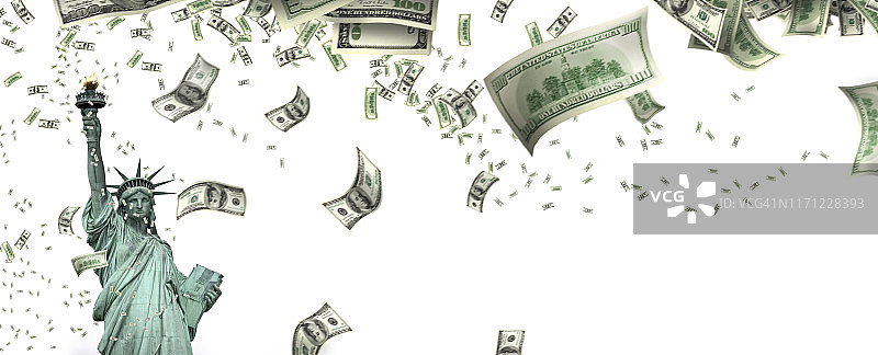 大量钞票倾泻下的自由女神像图片素材