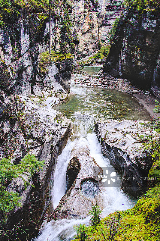加拿大玛琳峡谷的湍急流水图片素材
