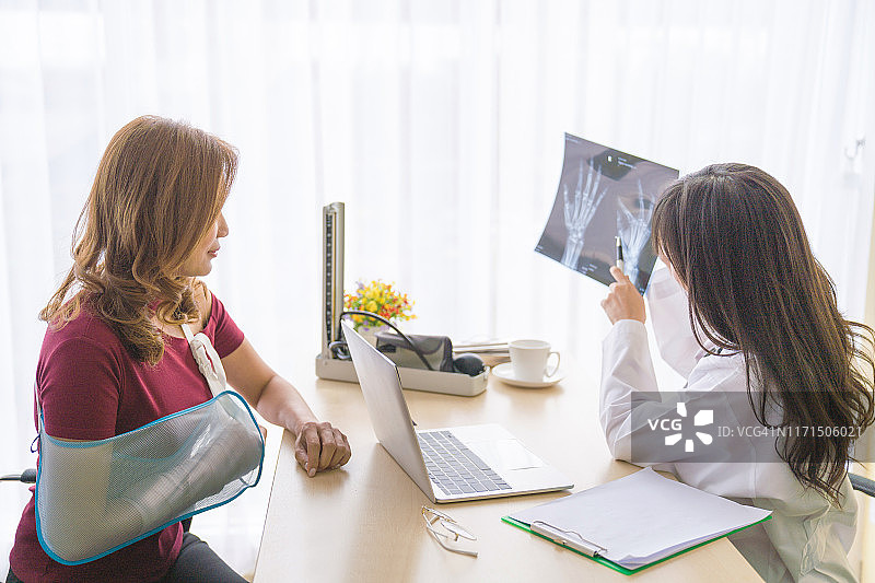 专业医生向坐在轮椅上的女性解释X光片，女性手臂骨折并用绷带包扎图片素材