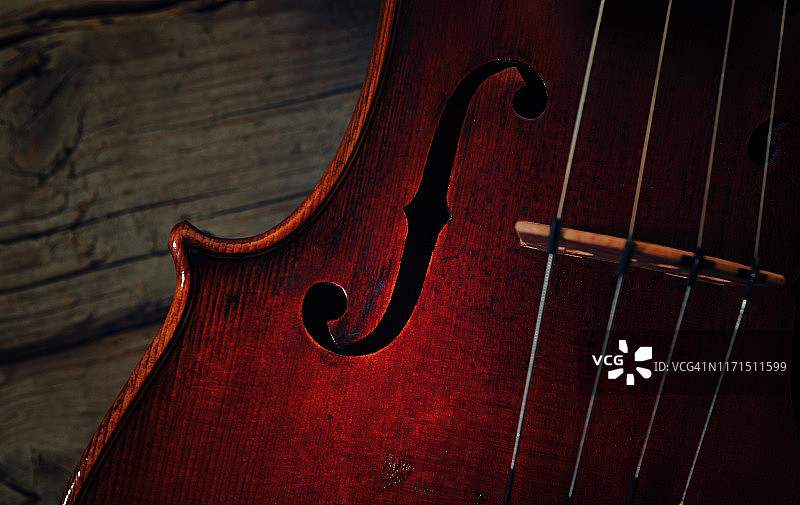 木质背景上的旧小提琴局部图片素材