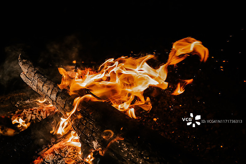 在森林里露营，人们围着舒适的篝火取暖图片素材