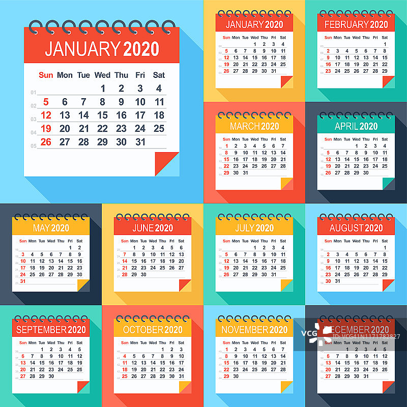2020年日历 - 扁平现代彩色风格，每周从周日开始图片素材