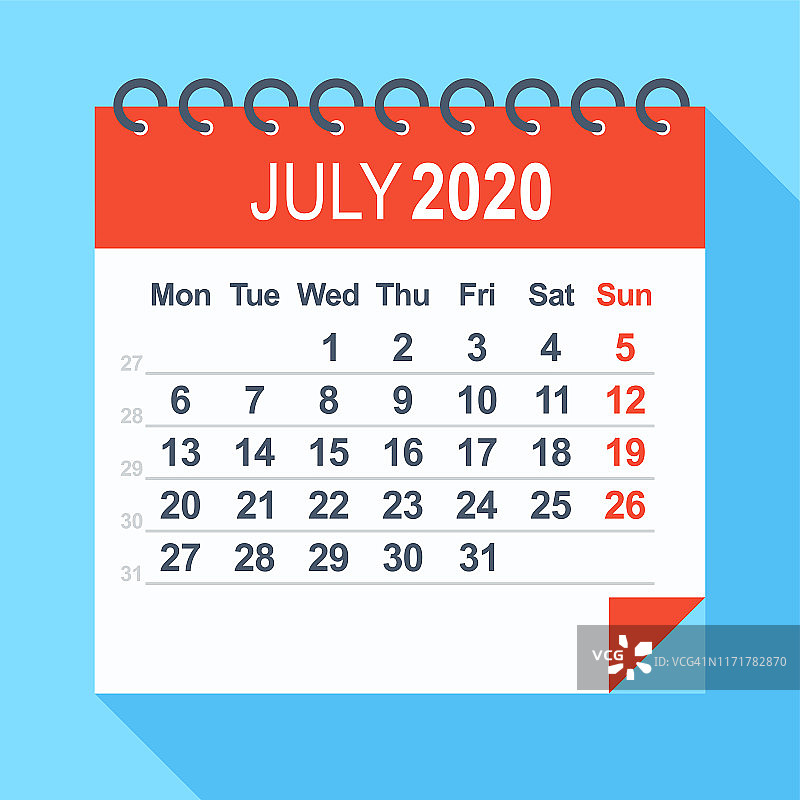 2020年7月日历（周一为每周第一天）图片素材