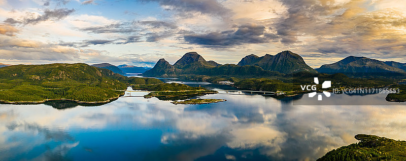 日落时分美丽的挪威峡湾航拍景色图片素材