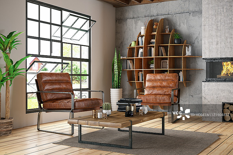 带扶手椅和书架的室内设计图片素材