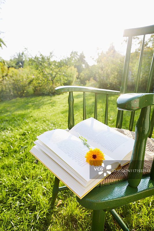 打开的书本静物，花园椅子上以花朵为书签，逆光图片素材