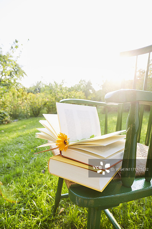 打开的书本静物，花园椅子上以花朵为书签，逆光图片素材