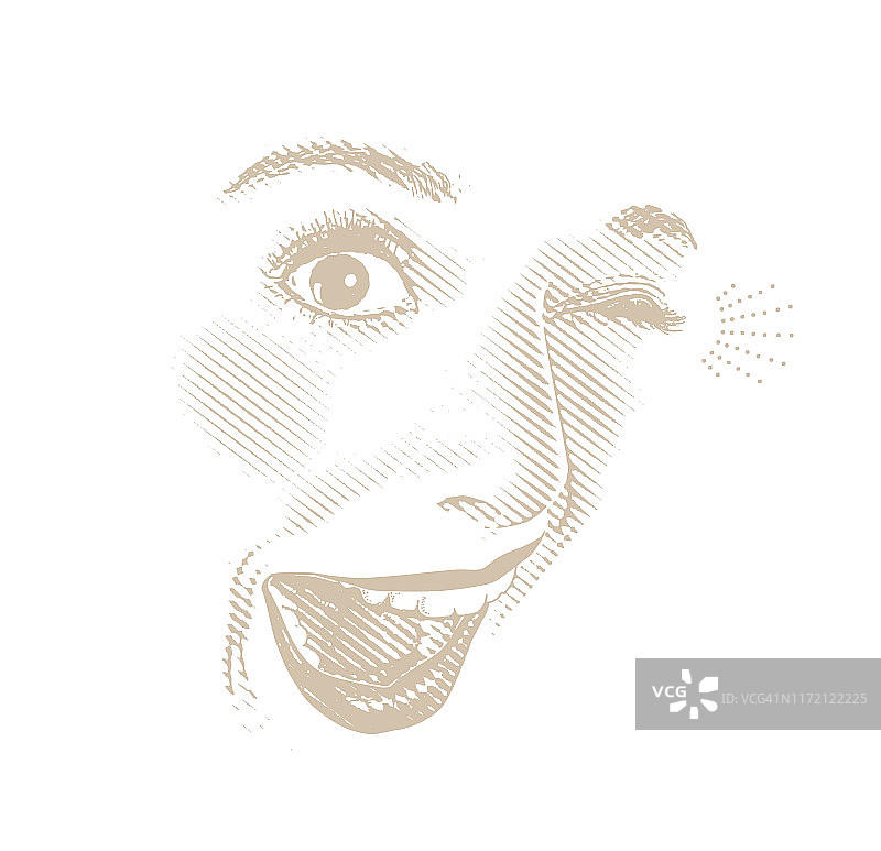 高调风格的女性眼睛和嘴唇雕刻，带有快乐、惊讶的表情图片素材