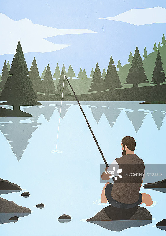 男人在湖中岩石上钓鱼图片素材