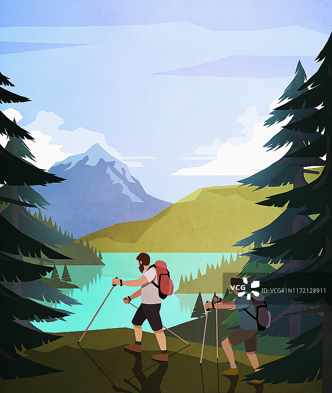 男人们沿着风景秀丽的湖边徒步旅行图片素材