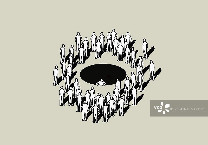 人们围绕着黑洞，一个人正在爬出来图片素材