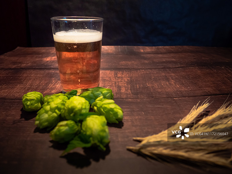 自酿精酿啤酒：一杯金黄啤酒，啤酒花和大麦穗图片素材