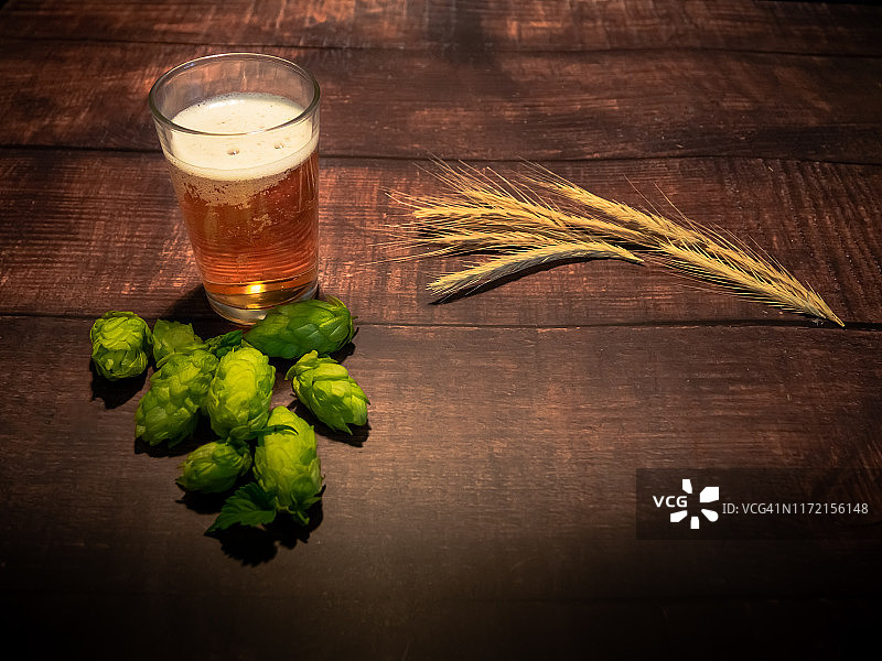 自酿精酿啤酒：一杯金黄啤酒，啤酒花和大麦穗图片素材