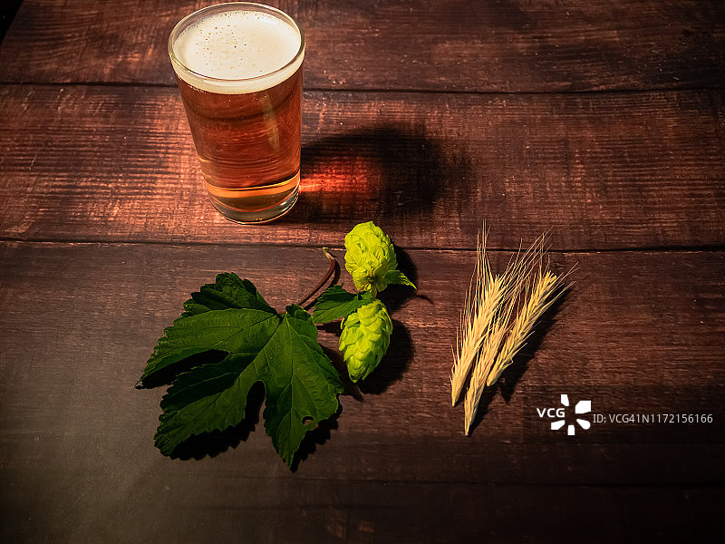 自制啤酒酿造：一杯泡沫丰富的金黄色啤酒、啤酒花和麦穗图片素材