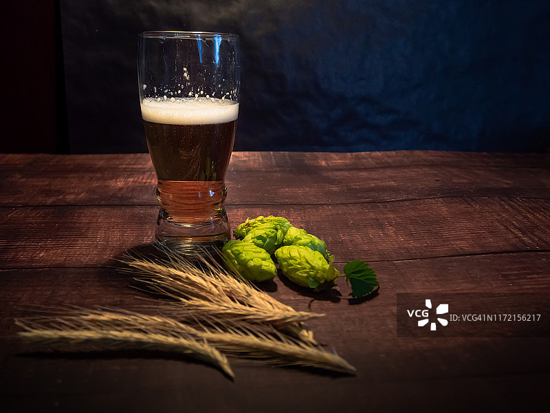 自酿精酿啤酒：一杯金黄啤酒，啤酒花和大麦穗图片素材