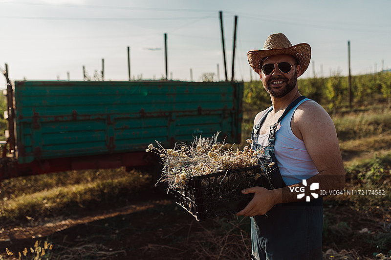 年轻农民在晴朗的农田里劳作图片素材