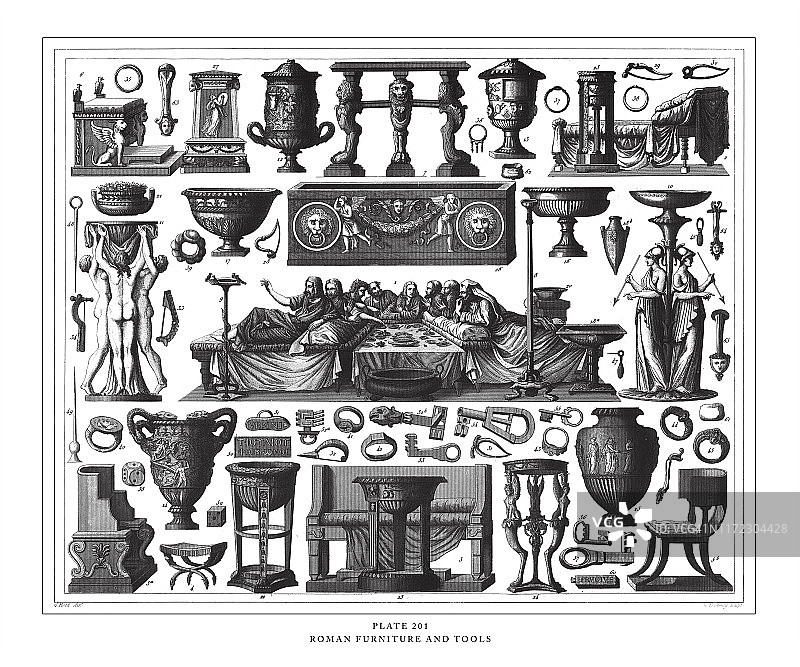 1851年出版的罗马家具和工具雕刻古董插图图片素材
