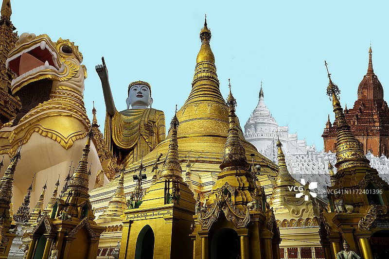 仰光缅甸日落时分的大金塔拼贴图片素材