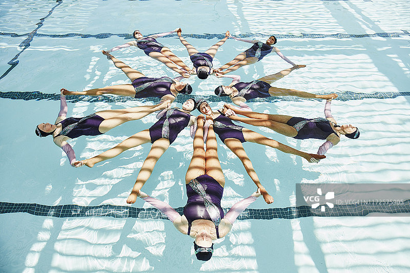 俯视角度拍摄的老年女子花样游泳队图片素材