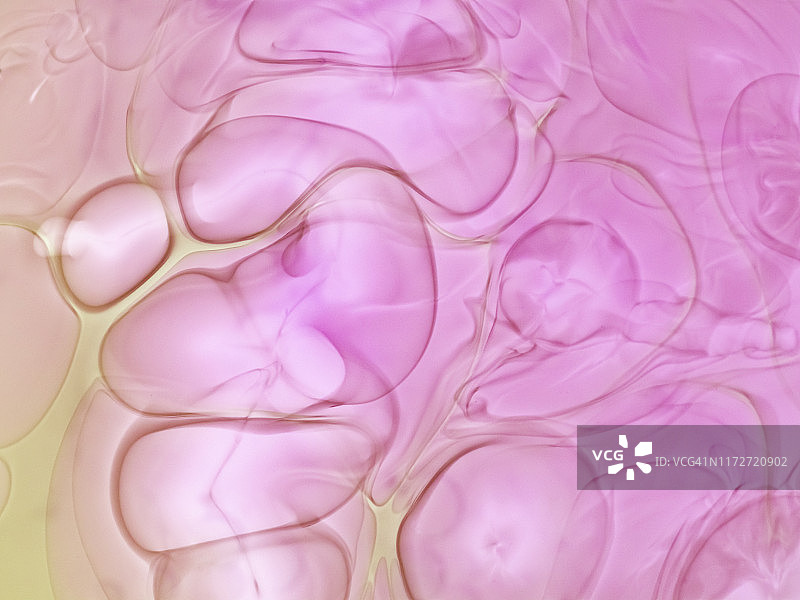 彩色液体背景上的气泡和油滴形成的抽象形状和纹理全画幅图片素材