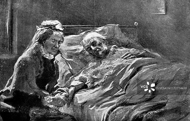 19世纪威廉·尤尔特·格莱斯顿及其妻子凯瑟琳·格莱斯顿在临终前图片素材