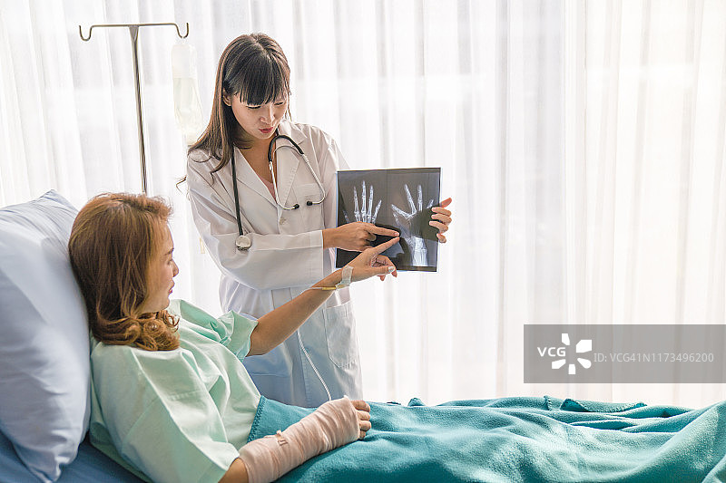 专业医生向坐在轮椅上的女性解释X光片，女性手臂骨折并用绷带包扎图片素材