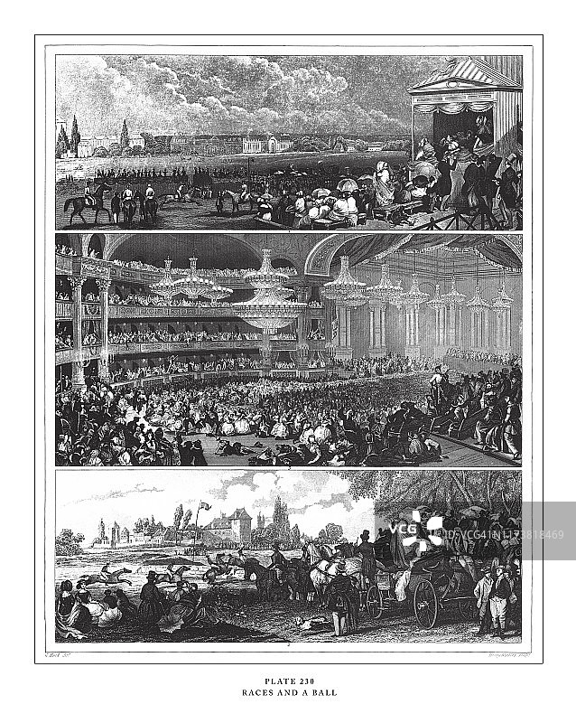 1851年赛马和舞会古董插画图片素材