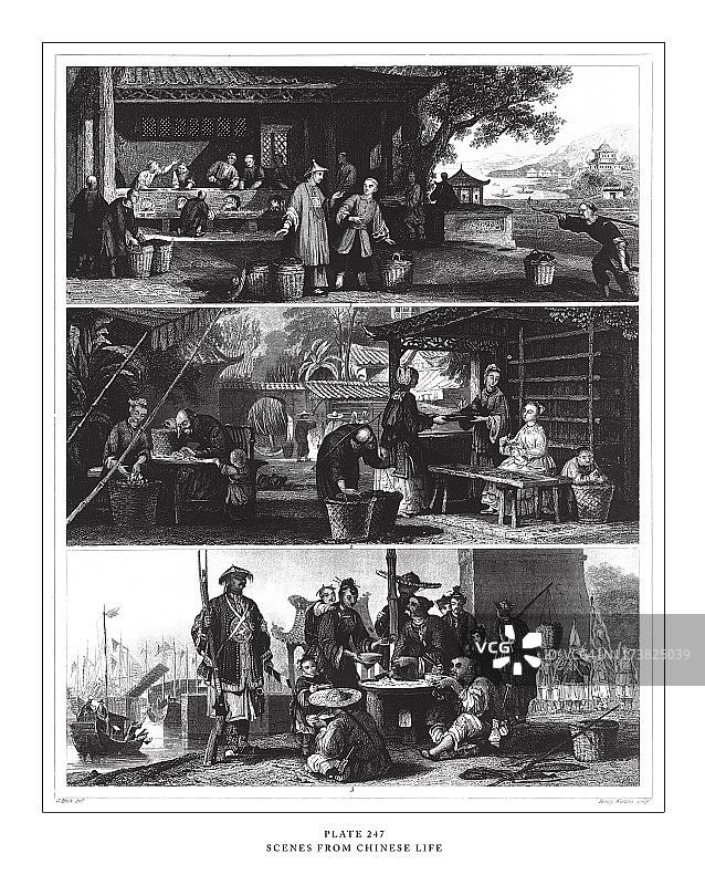 1851年中国生活场景雕刻古董插画图片素材