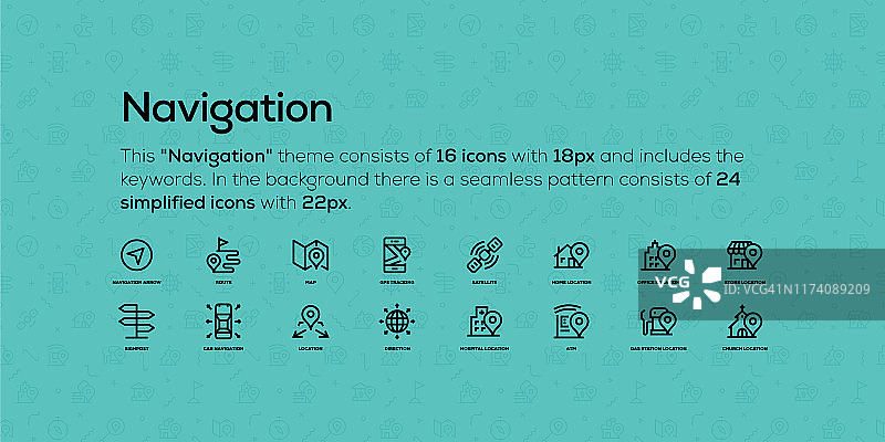 关于导航主题的线条图标。背景是带有简化图标的无缝图案图片素材