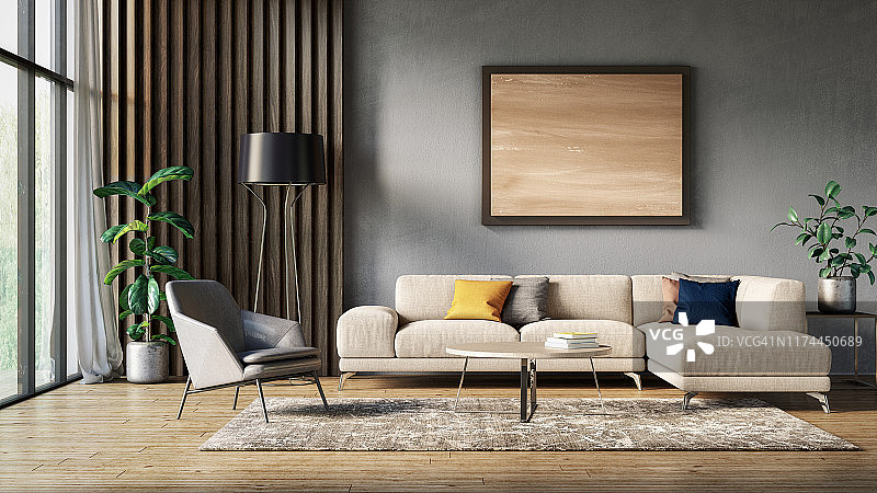 现代斯堪的纳维亚风格客厅室内设计 - 3D渲染图片素材