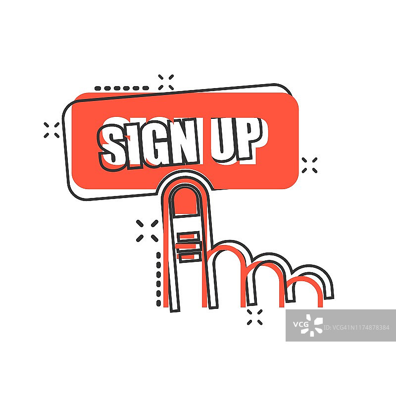 漫画风格的注册图标。手指光标矢量卡通插图，白色隔离背景。点击按钮商业概念飞溅效果。图片素材