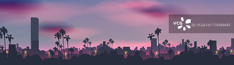 热带国家城市天际线夜间全景，有棕榈树图片素材