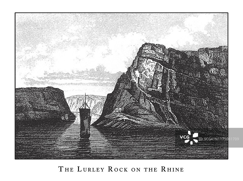 莱茵河上的洛雷莱岩石洞穴和岩层古董插图（1851年出版）图片素材